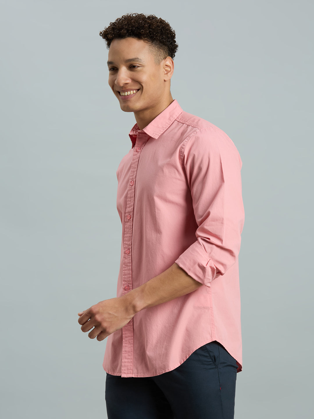 Pink Solid Peached Cotton Slim Fit Casual Full Sleeve Shirt