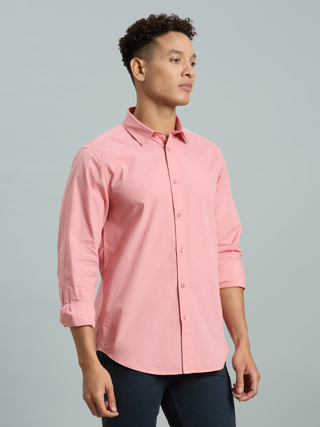 Pink Solid Peached Cotton Slim Fit Casual Full Sleeve Shirt