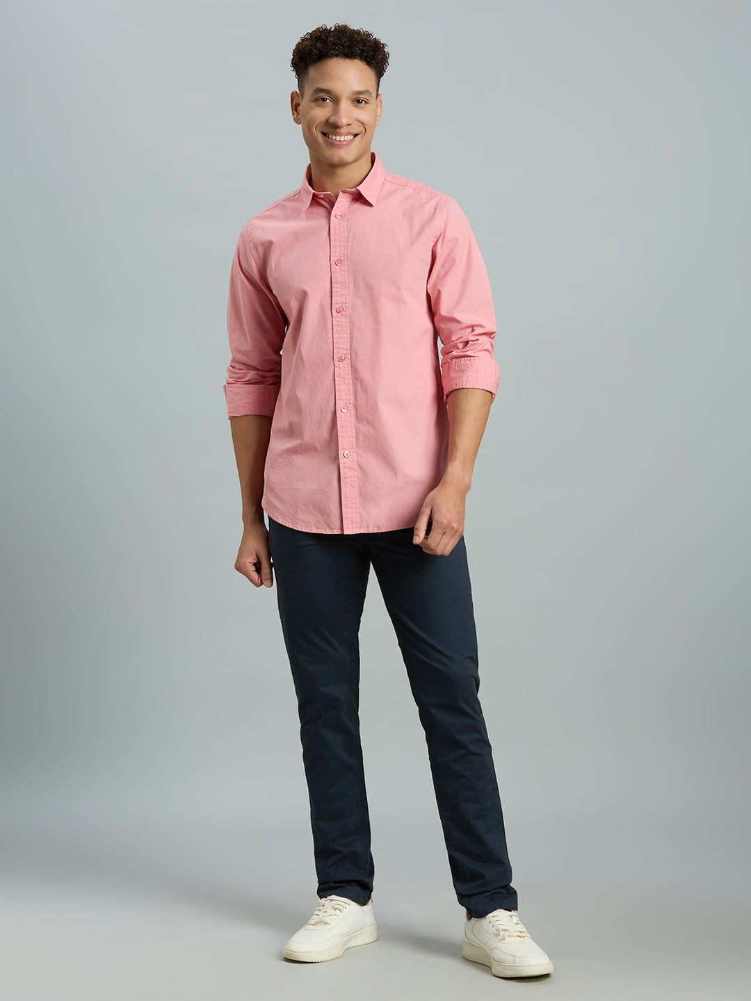 Pink Solid Peached Cotton Slim Fit Casual Full Sleeve Shirt