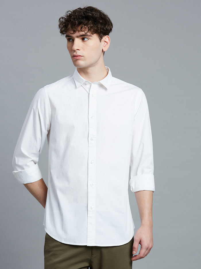 Men's Pure Cotton Plain Slim Fit Full Sleeve Casual Shirt - White