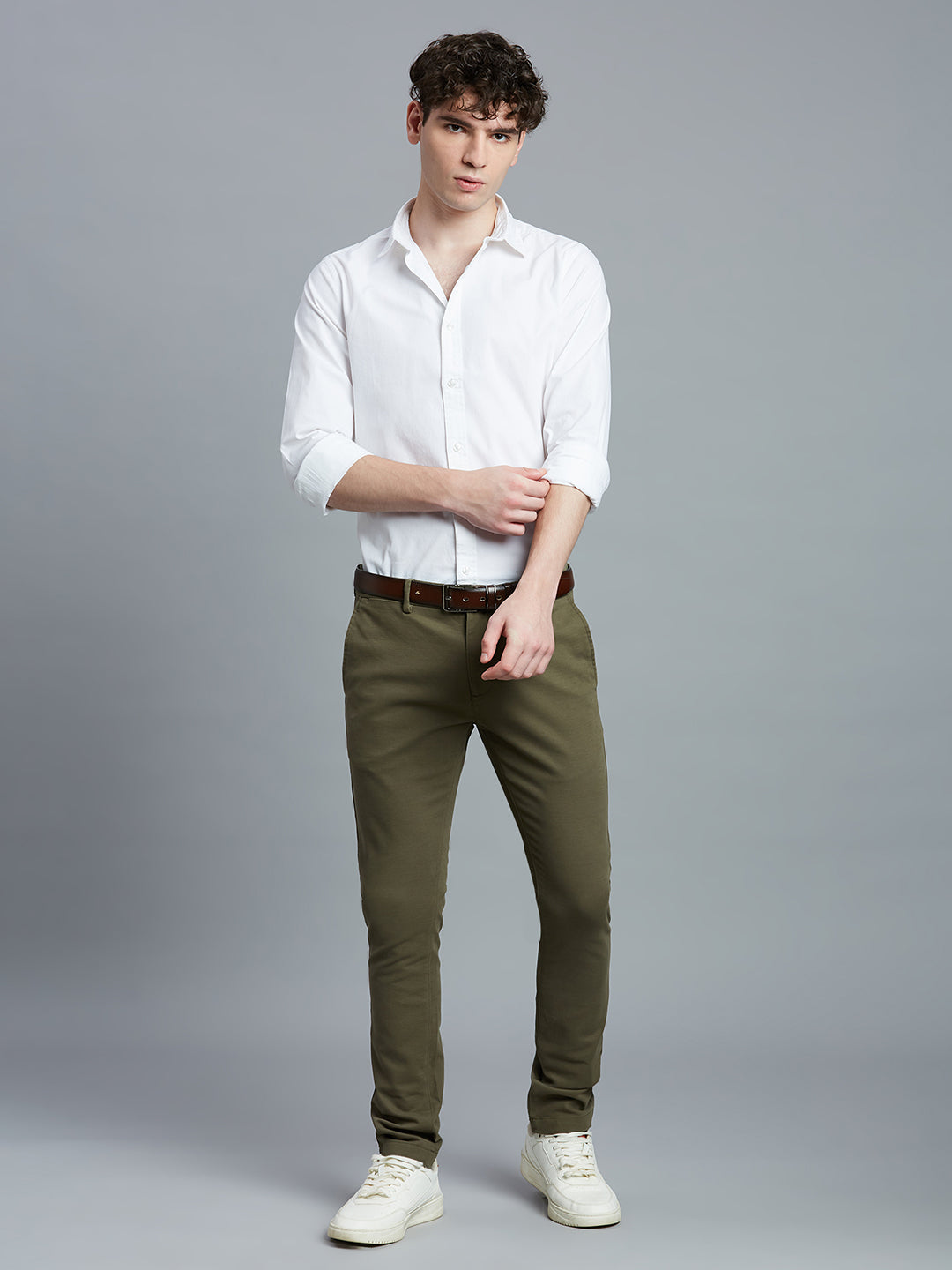 White Solid Peached Cotton Slim Fit Casual Full Sleeve Shirt