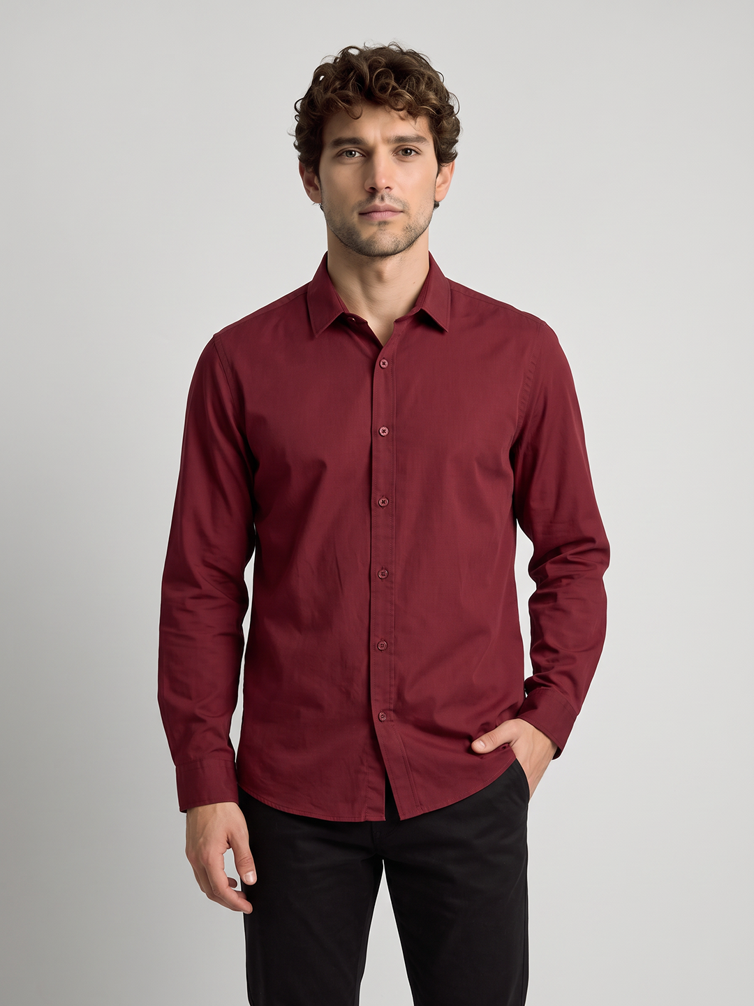 Men's Pure Cotton Solid Slim Fit Full Sleeve Casual Shirt - Maroon