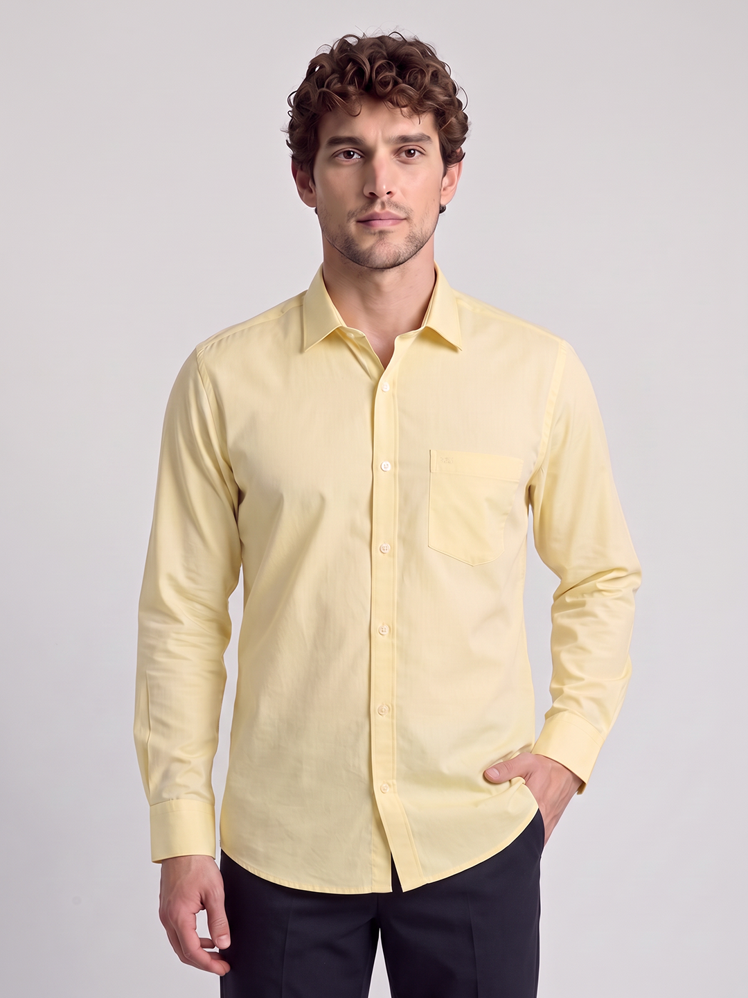 Men's Pure Cotton Solid Slim Fit Full Sleeve Casual Shirt - Yellow