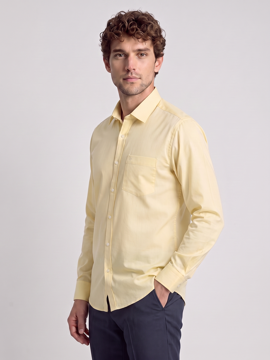 Men's Pure Cotton Solid Slim Fit Full Sleeve Casual Shirt - Yellow