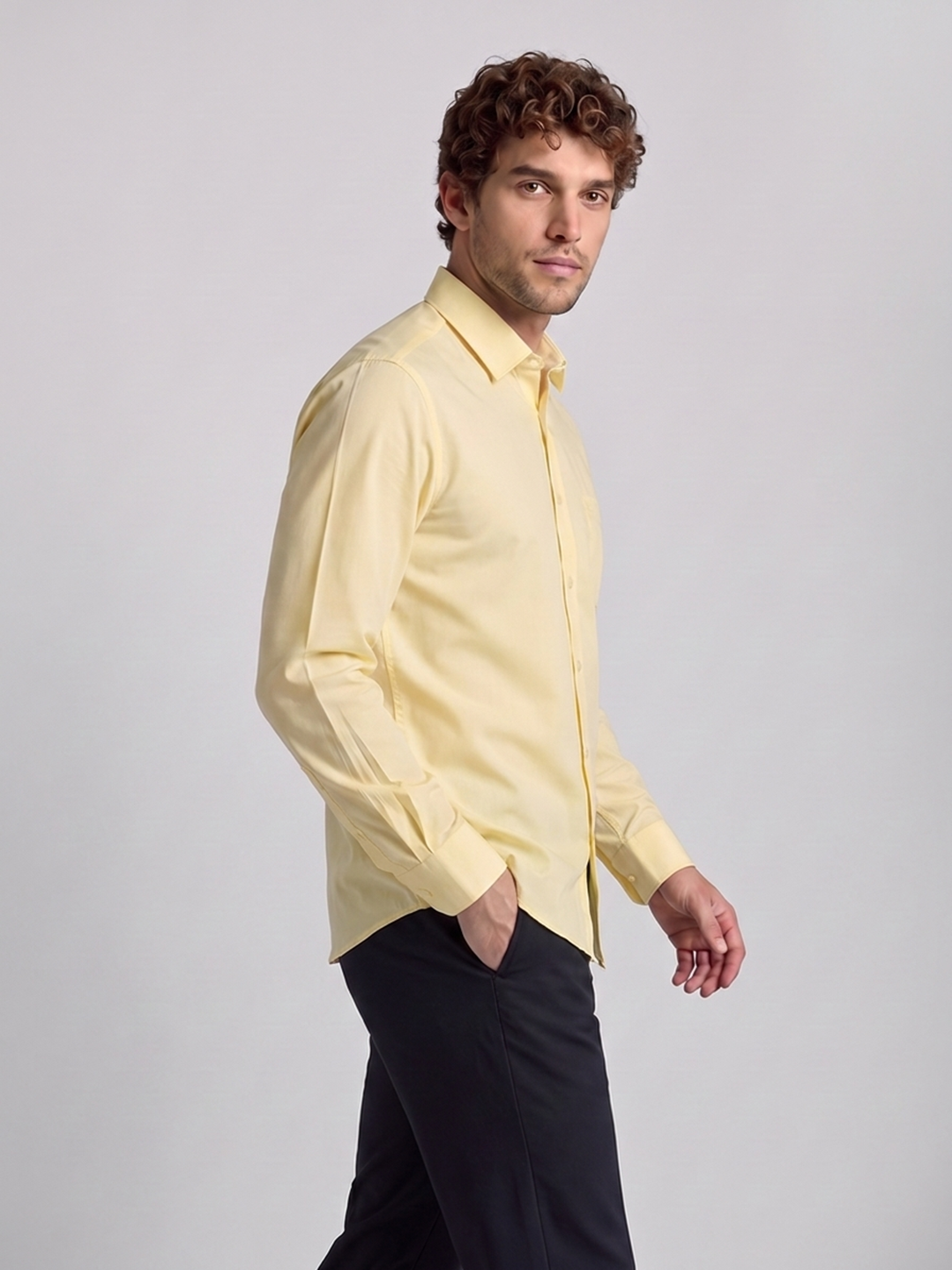 Men's Pure Cotton Solid Slim Fit Full Sleeve Casual Shirt - Yellow