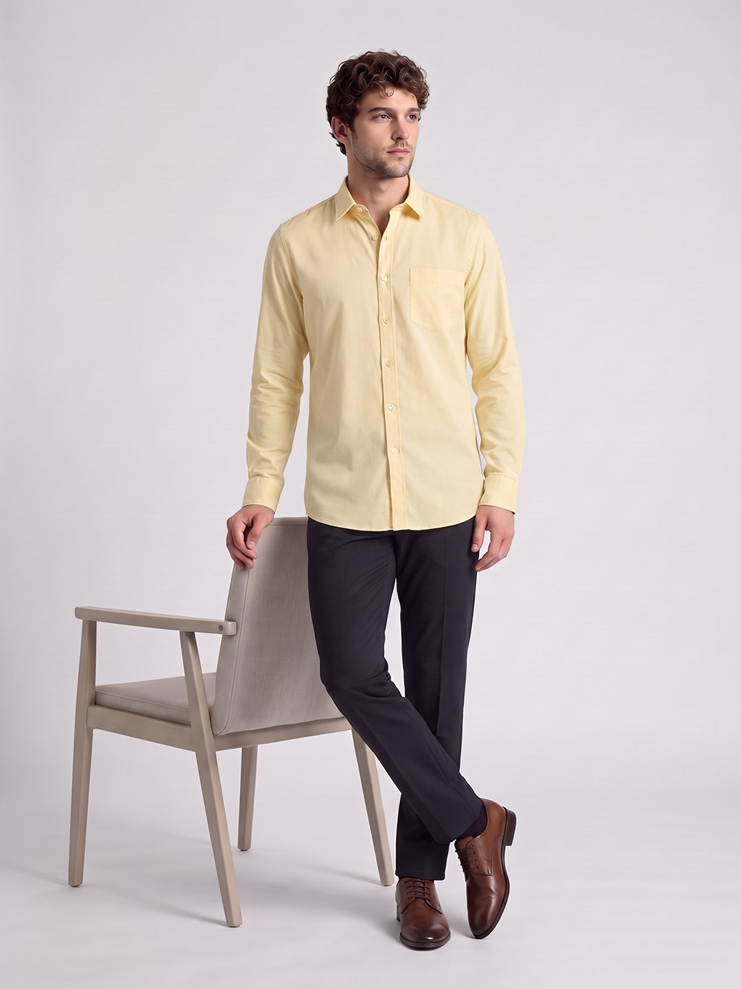 Men's Pure Cotton Solid Slim Fit Full Sleeve Casual Shirt - Yellow