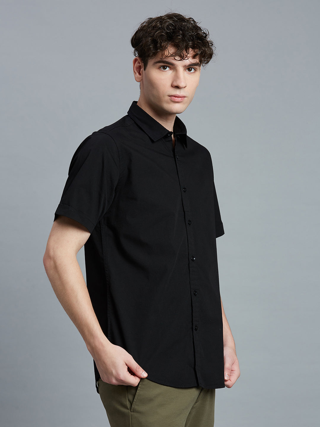 Black Plain Peached Cotton Slim Fit Casual Half Sleeve Shirt