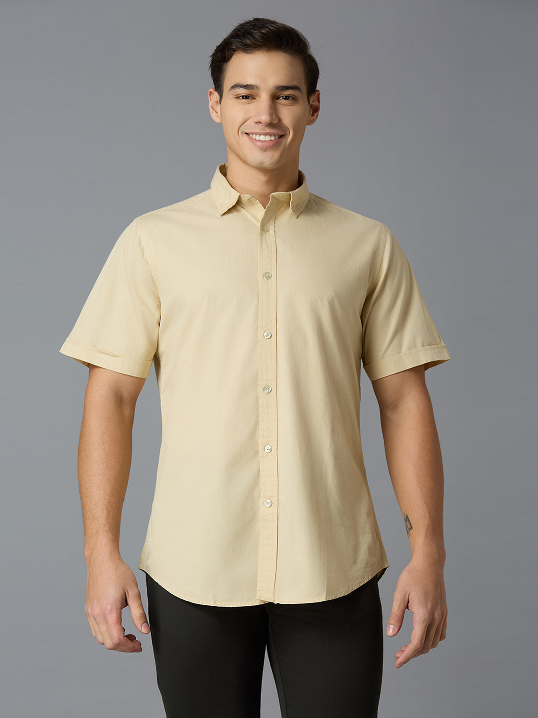 Ecru Solid Peached Cotton Slim Fit Casual Half Sleeve Shirt