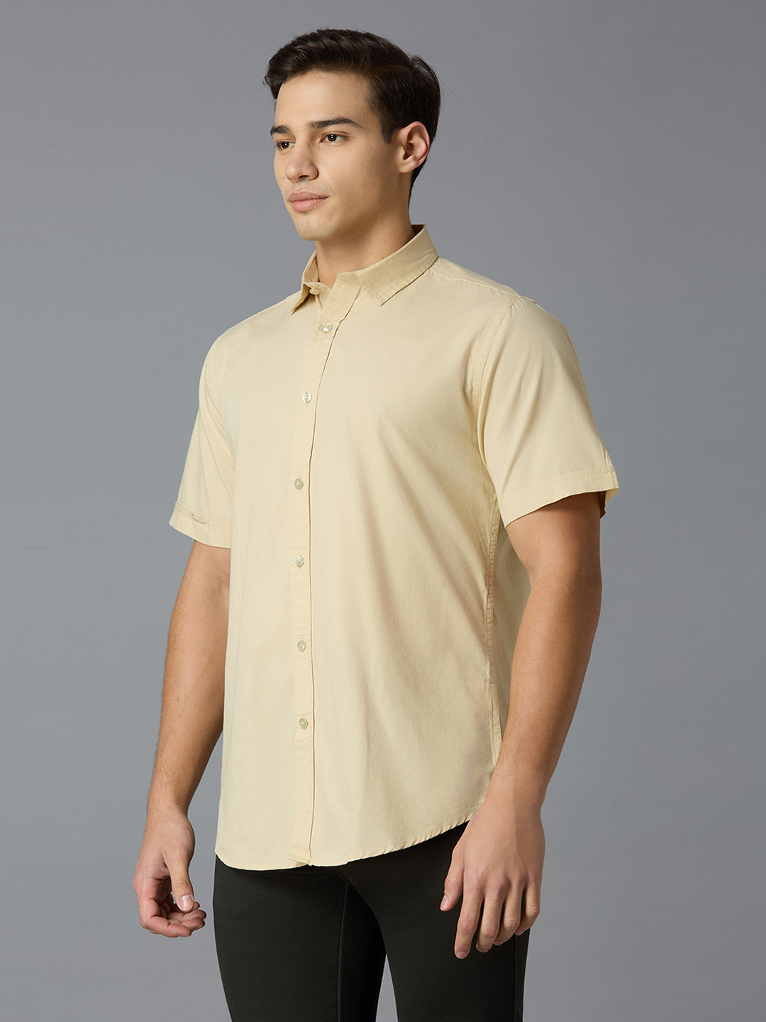 Ecru Solid Peached Cotton Slim Fit Casual Half Sleeve Shirt