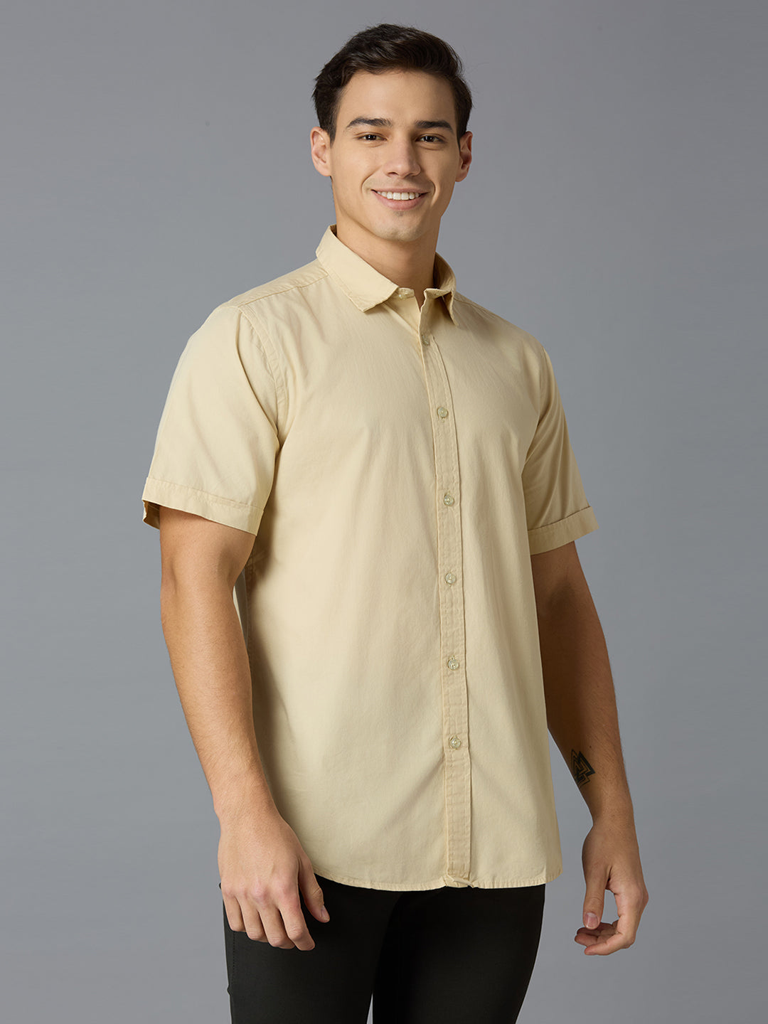 Ecru Solid Peached Cotton Slim Fit Casual Half Sleeve Shirt