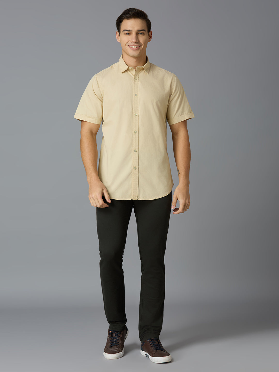 Ecru Solid Peached Cotton Slim Fit Casual Half Sleeve Shirt