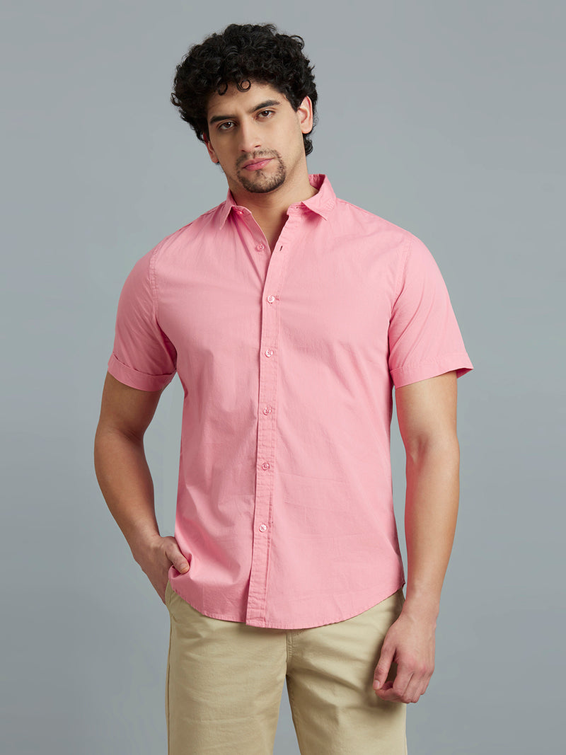 Pink Solid Peached Cotton Slim Fit Casual Half Sleeve Shirt