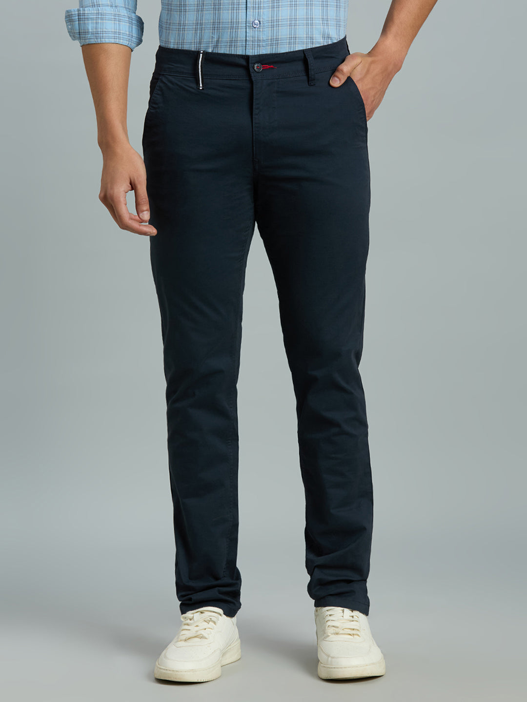 Navy Twill Cotton Elastane Tailor Fit Casual Open Bottom Chino