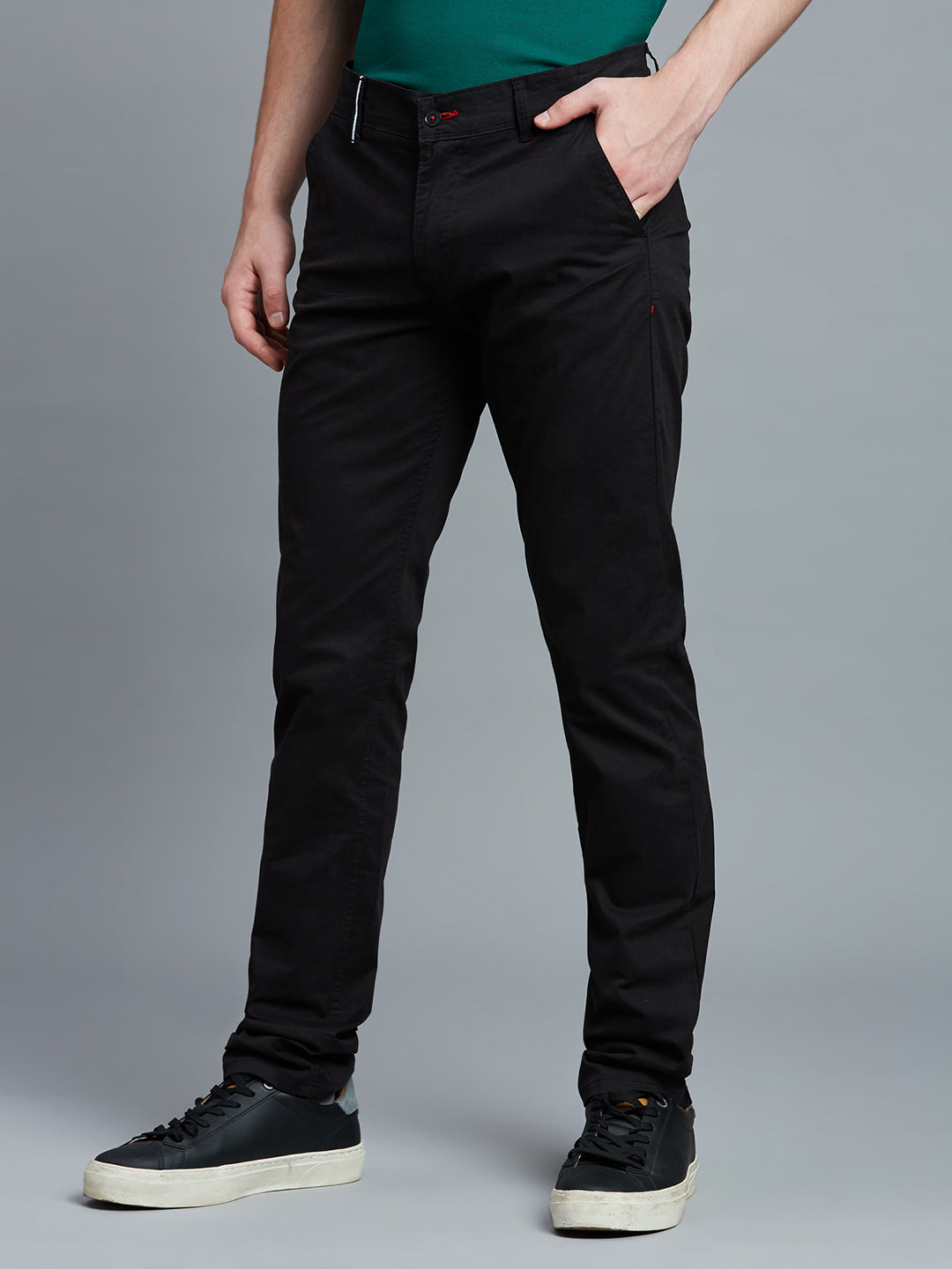 Black Twill Cotton Elastane Tailor Fit Casual Open Bottom Chino