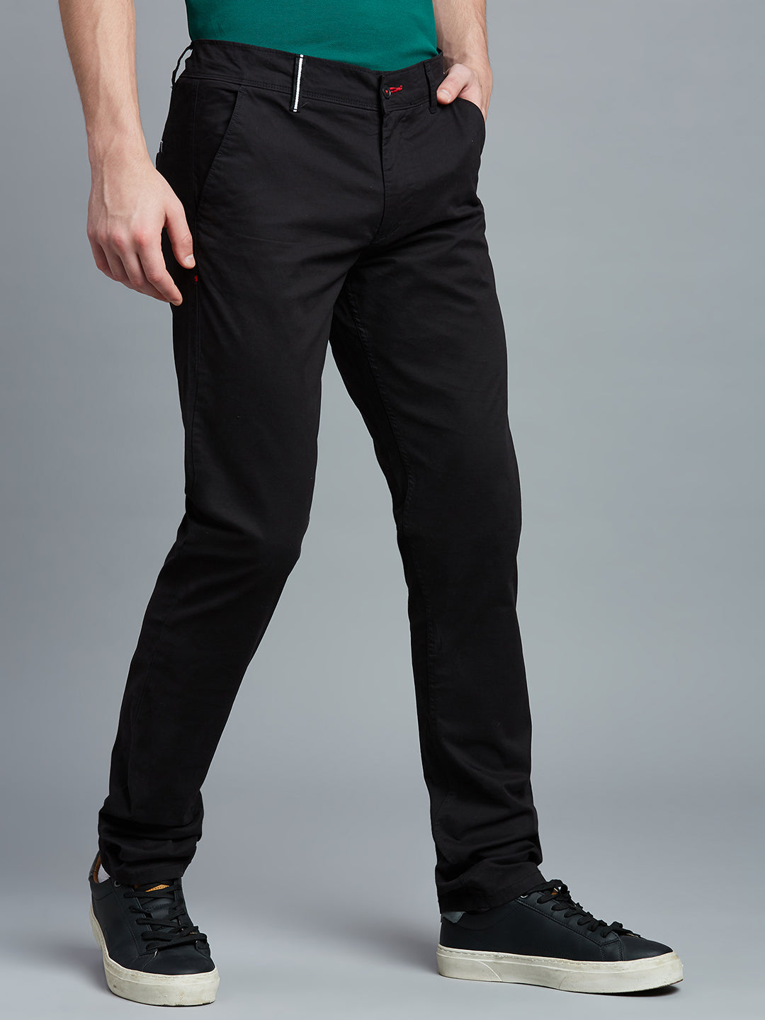 Black Twill Cotton Elastane Tailor Fit Casual Open Bottom Chino