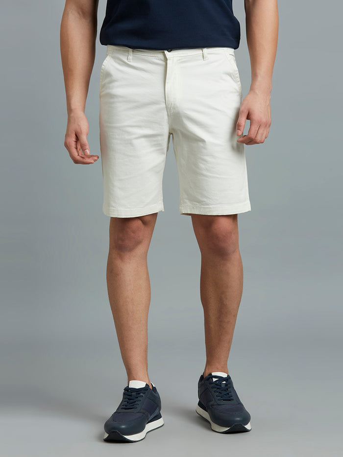 White Twill Cotton Spandex Tailor Fit Casual Closed Bottom Short