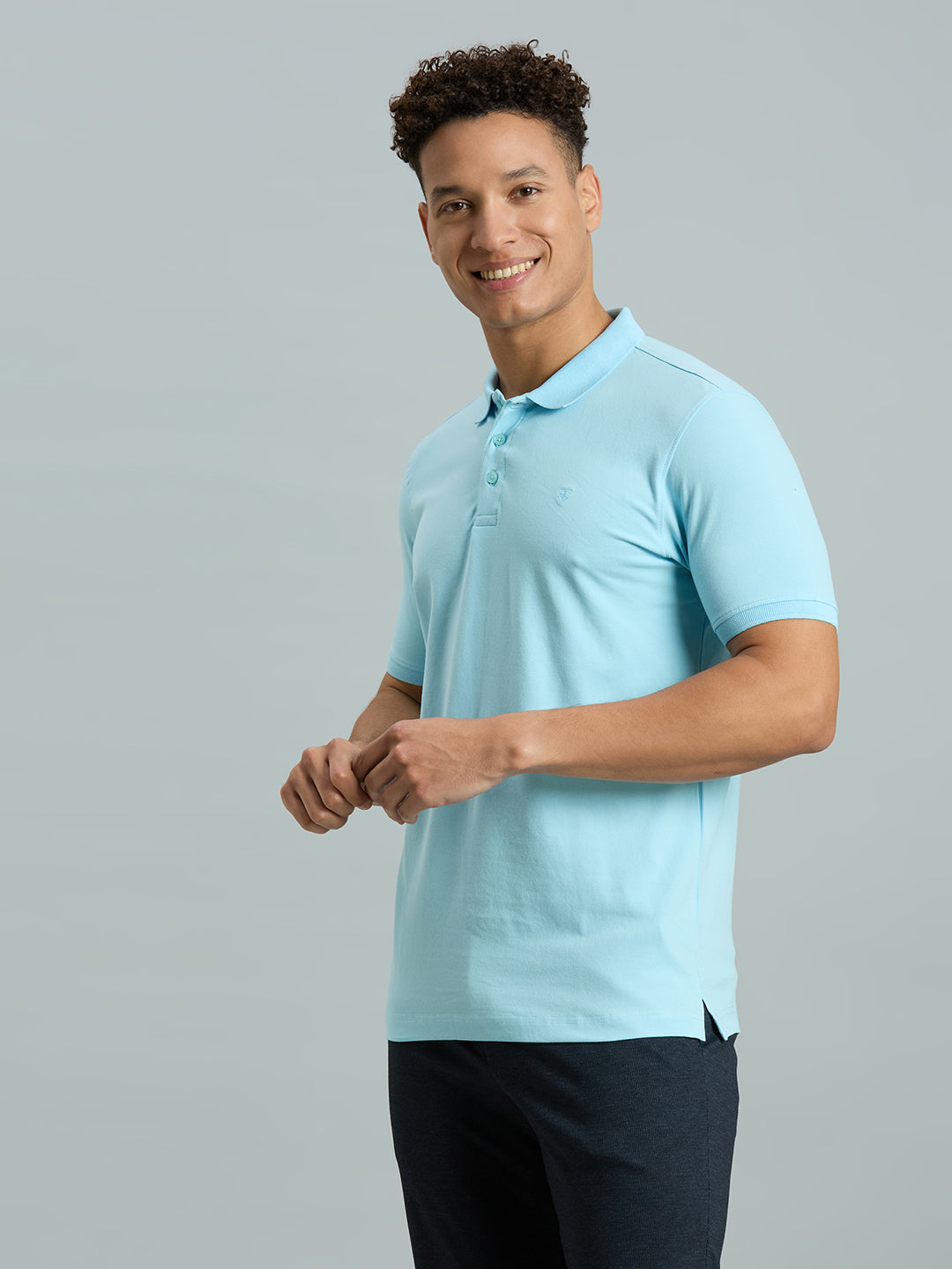 Sky Blue Pq Cotton Spandex Slim Fit Casual Half Sleeve T-Shirt