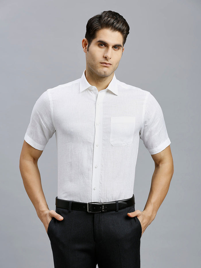 Men's Linen Plain Regular Fit Half Sleeve Formal Shirt - White