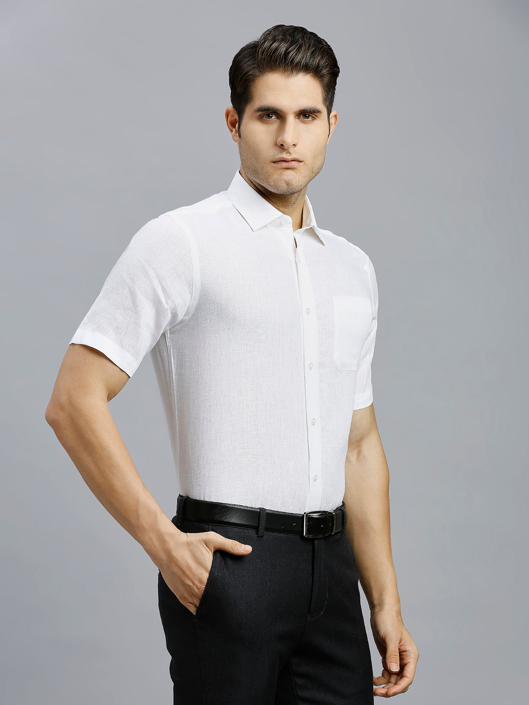 White Solid 100% Linen Regular Fit Formal Half Sleeve Shirt