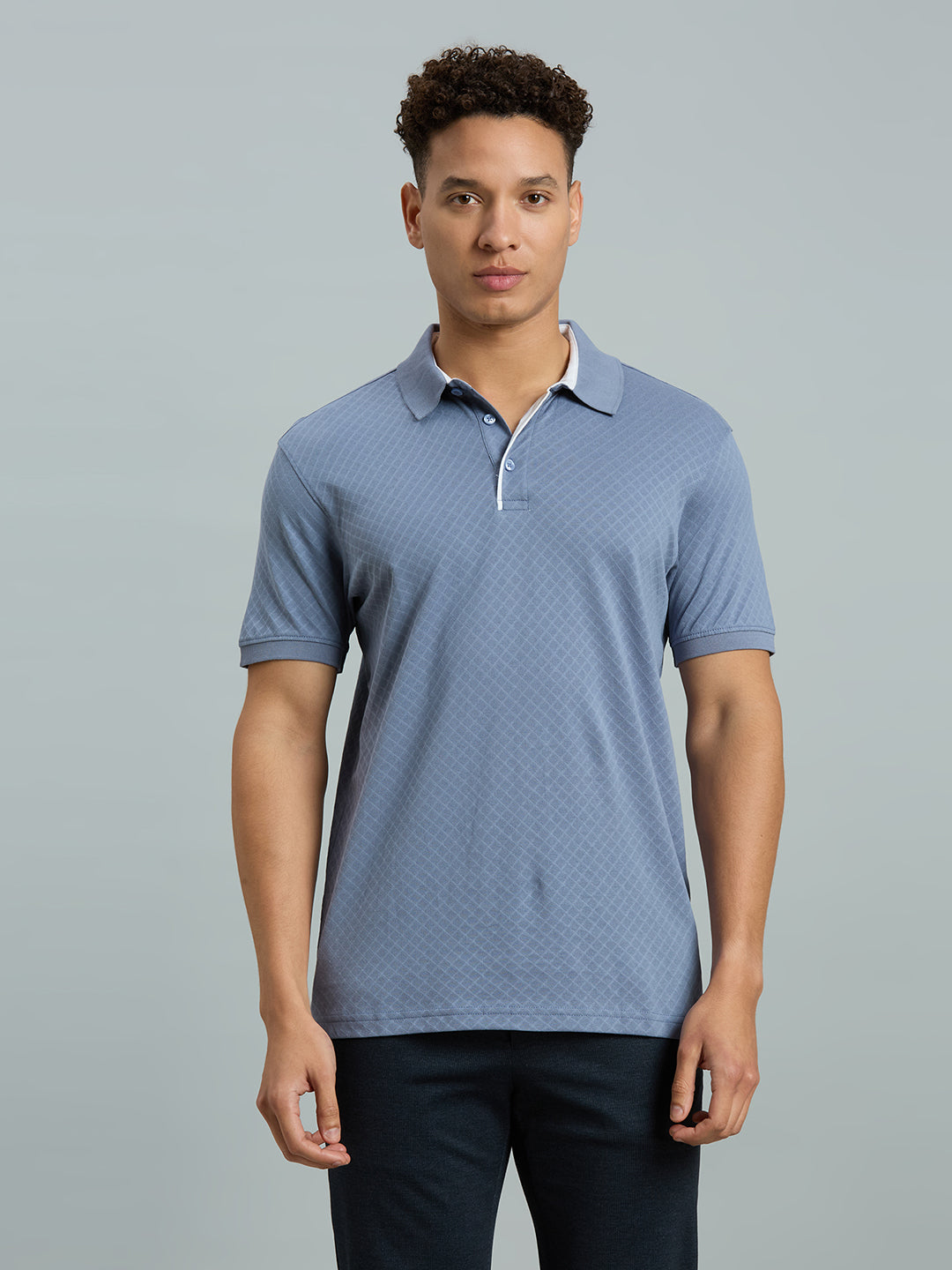 Dusty Blue Jacquard 100% Cotton Slim Fit Casual Half Sleeve T-Shirts