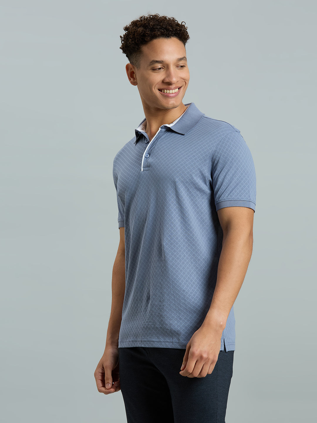 Dusty Blue Jacquard 100% Cotton Slim Fit Casual Half Sleeve T-Shirts