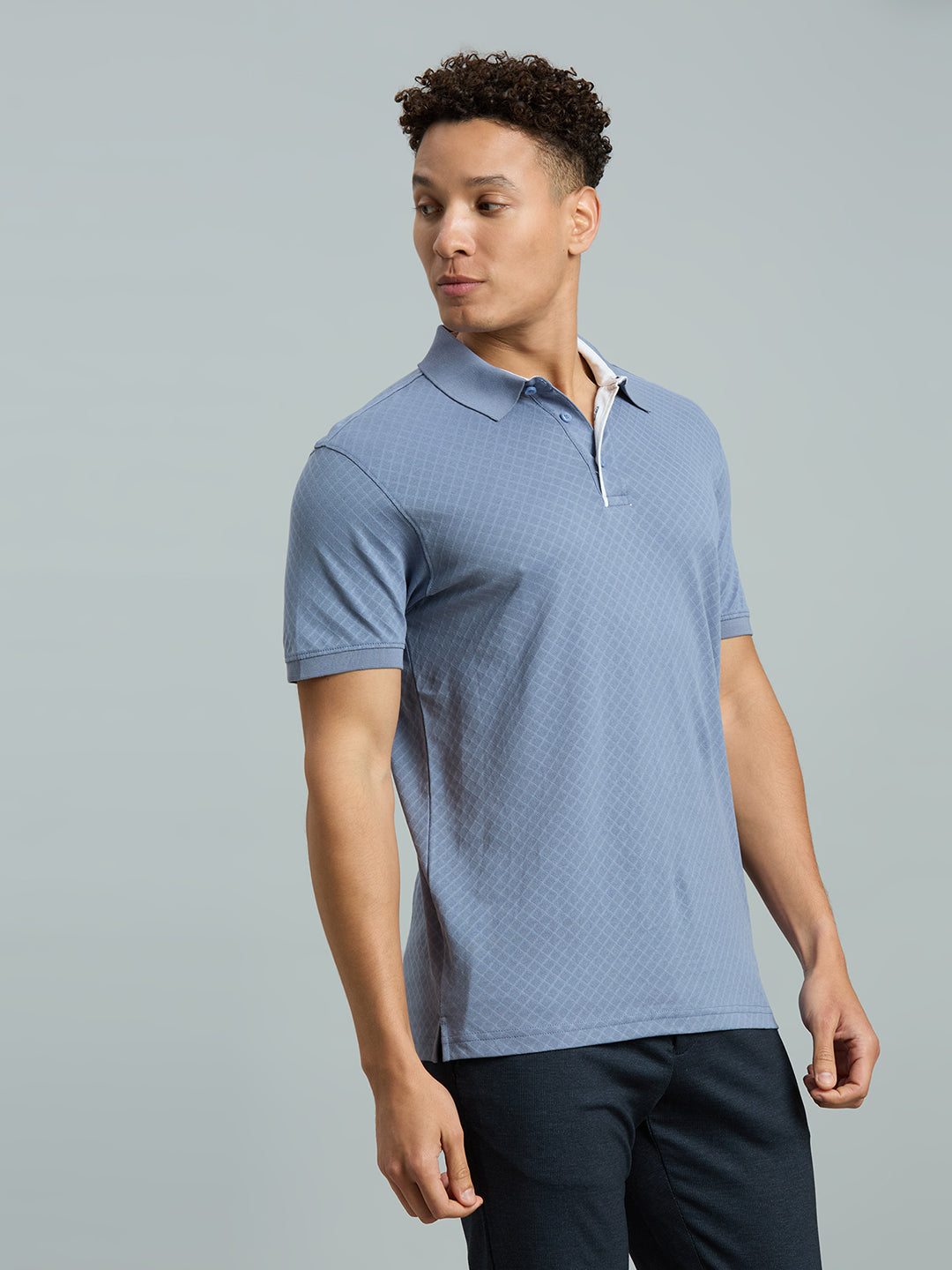 Dusty Blue Jacquard 100% Cotton Slim Fit Casual Half Sleeve T-Shirts