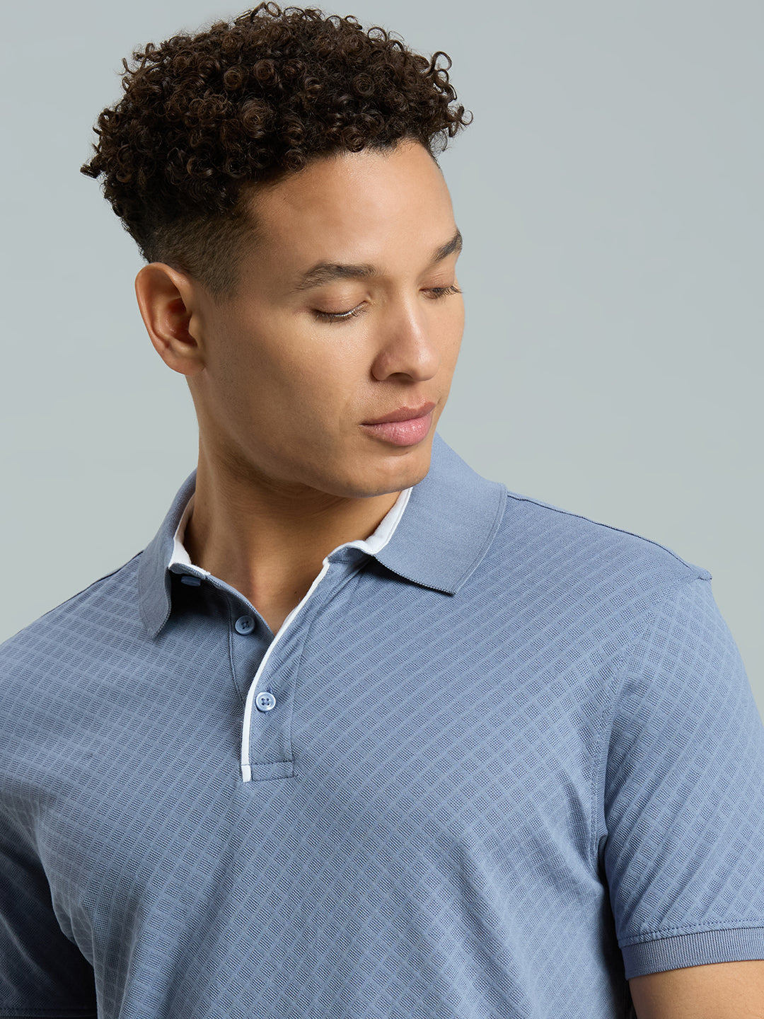 Dusty Blue Jacquard 100% Cotton Slim Fit Casual Half Sleeve T-Shirts