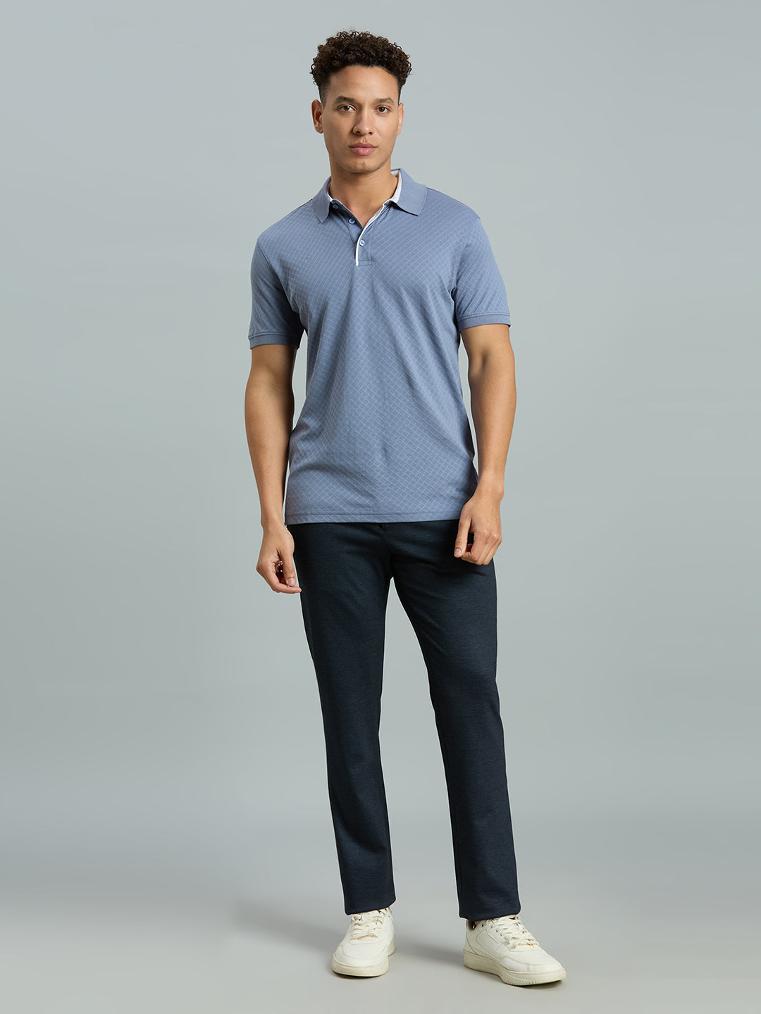 Dusty Blue Jacquard 100% Cotton Slim Fit Casual Half Sleeve T-Shirts