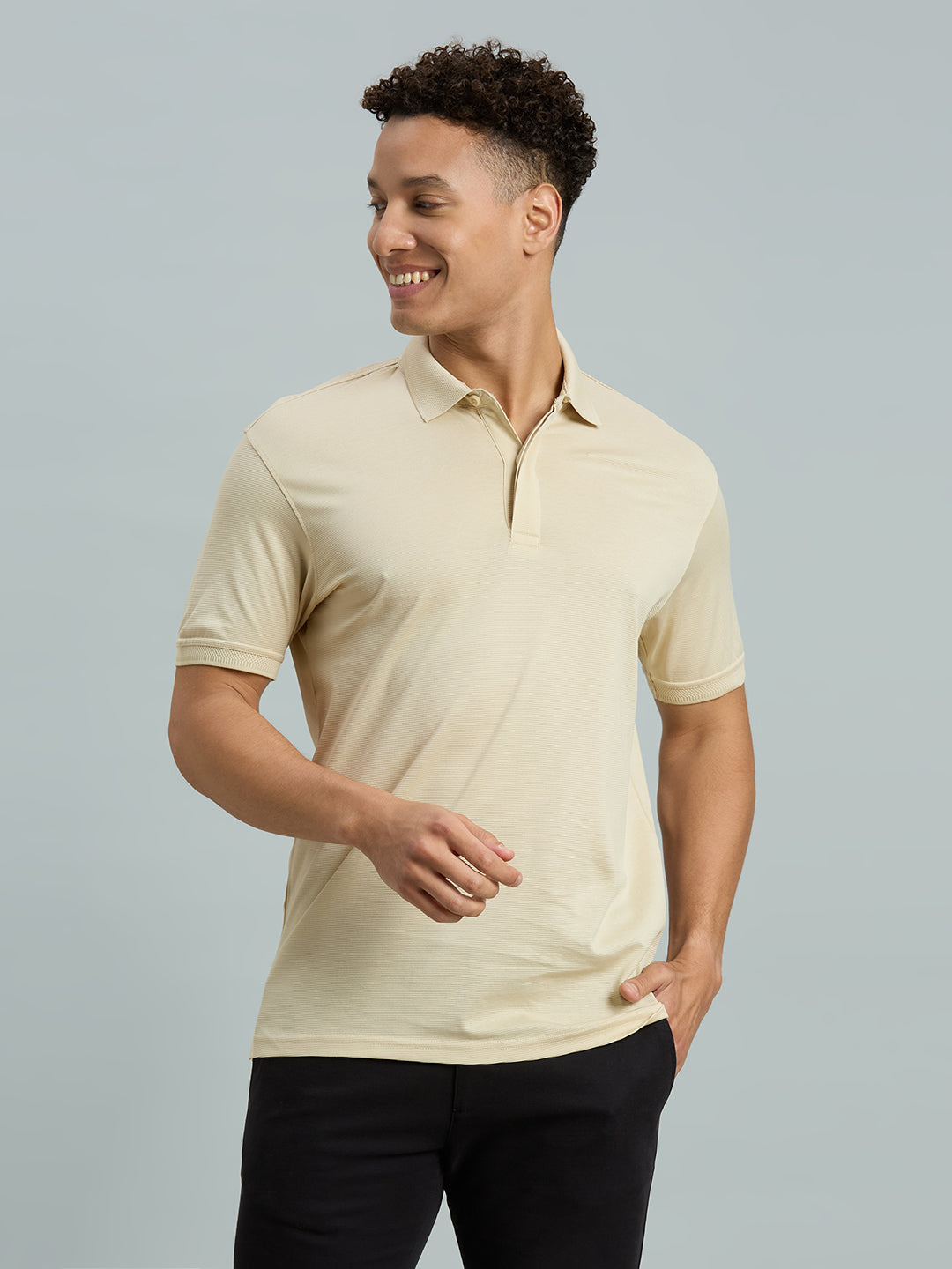 Beige Jacquard 100% Cotton Slim Fit Casual Half Sleeve T-Shirt