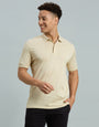 Beige Jacquard 100% Cotton Slim Fit Casual Half Sleeve T-Shirt