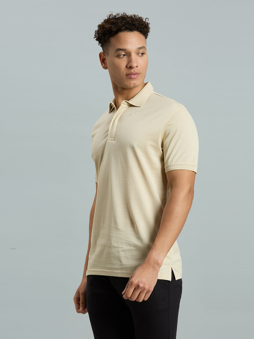 Beige Jacquard 100% Cotton Slim Fit Casual Half Sleeve T-Shirt