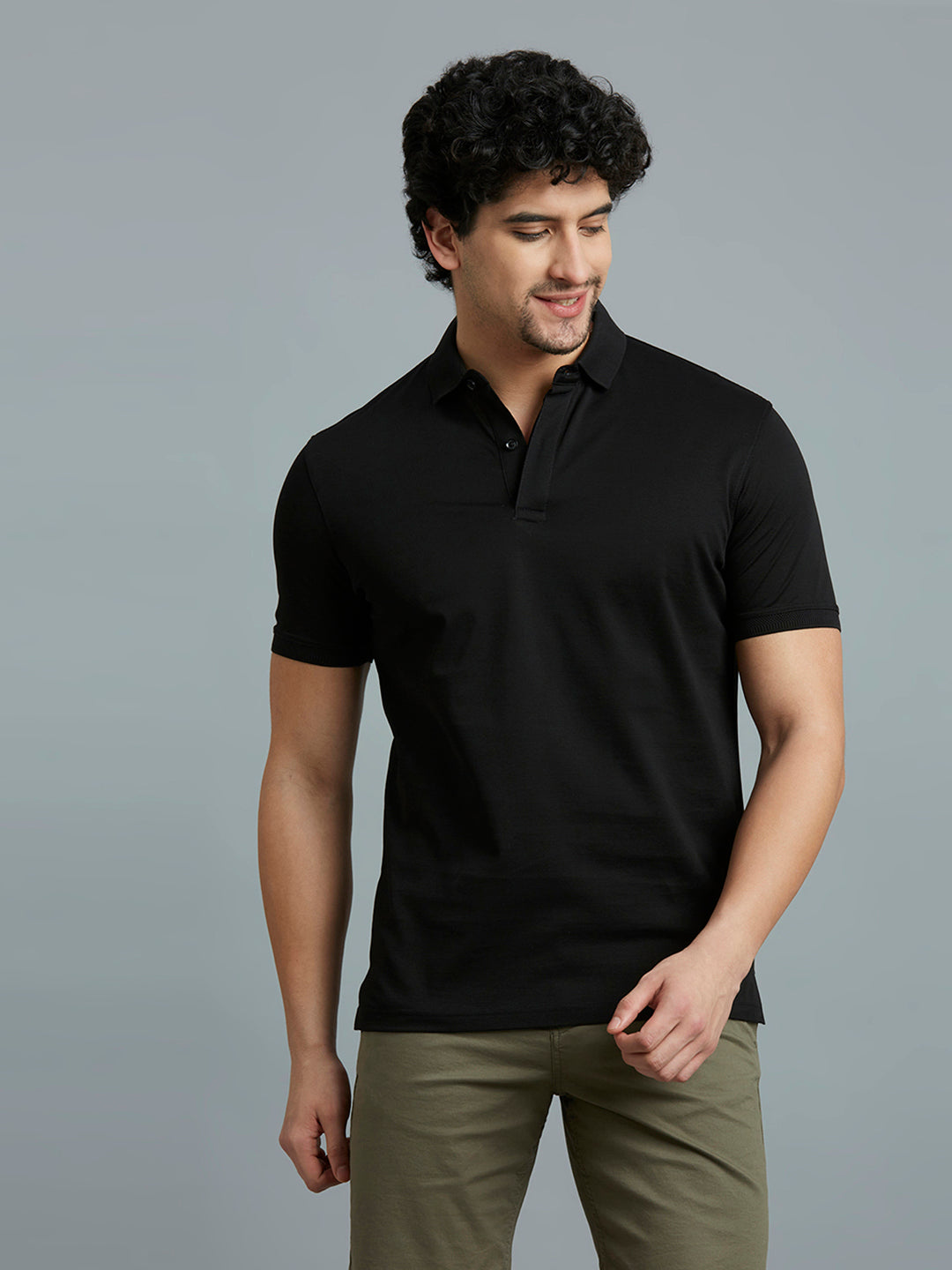 Black Jacquard 100% Cotton Slim Fit Casual Half Sleeve T-Shirt