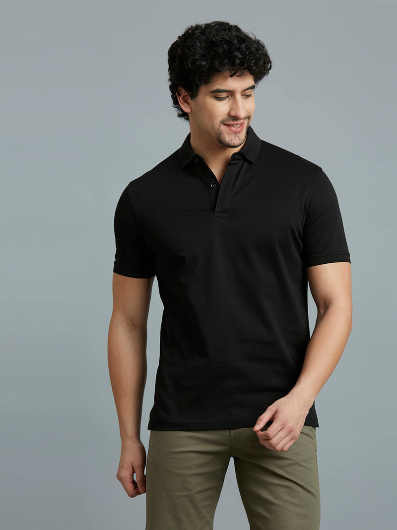 Best Black Jacquard 100% Cotton Slim Fit Casual Half Sleeve T-Shirt