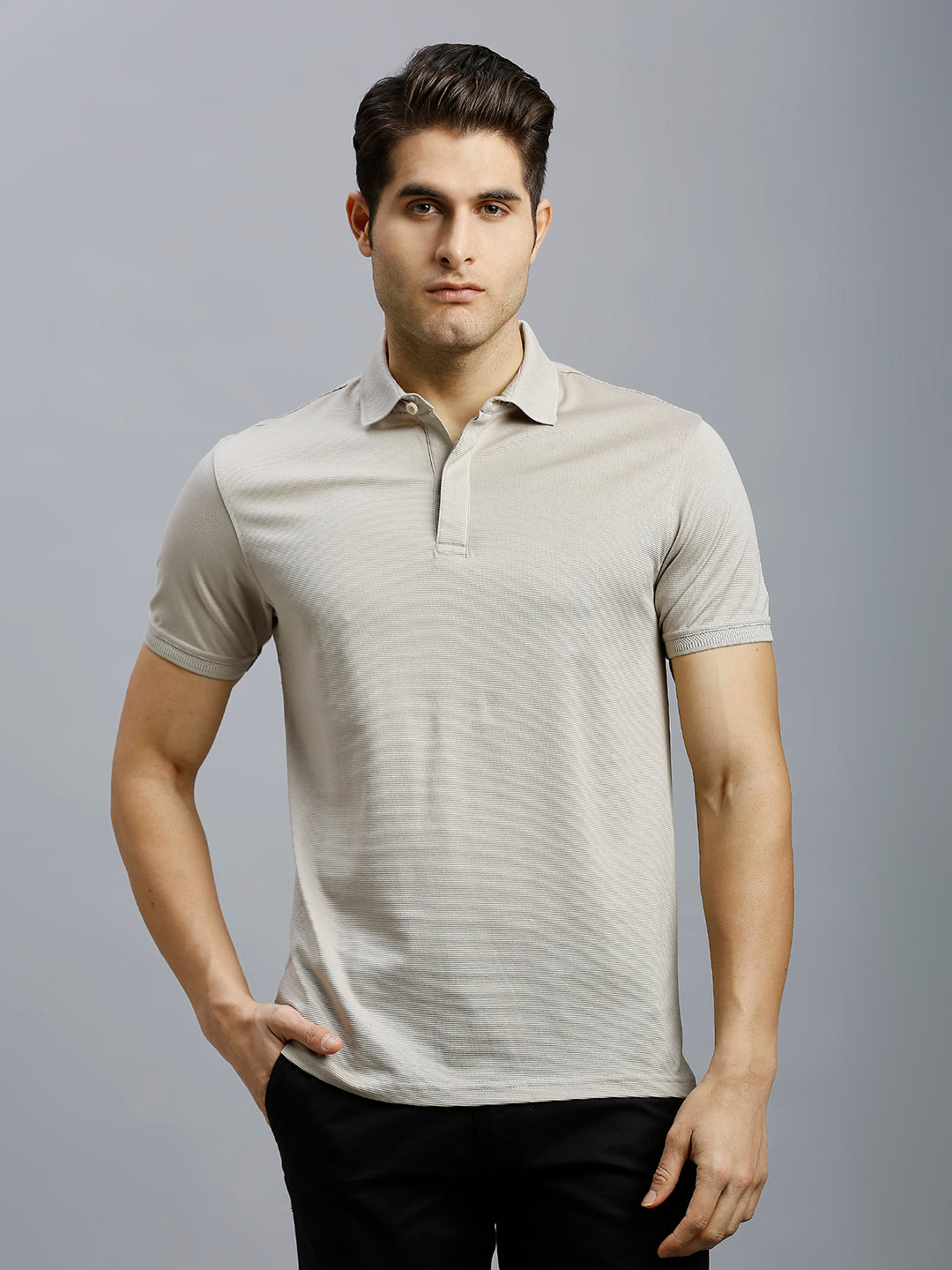 Cream Jacquard 100% Cotton Slim Fit Casual Half Sleeve T-Shirts