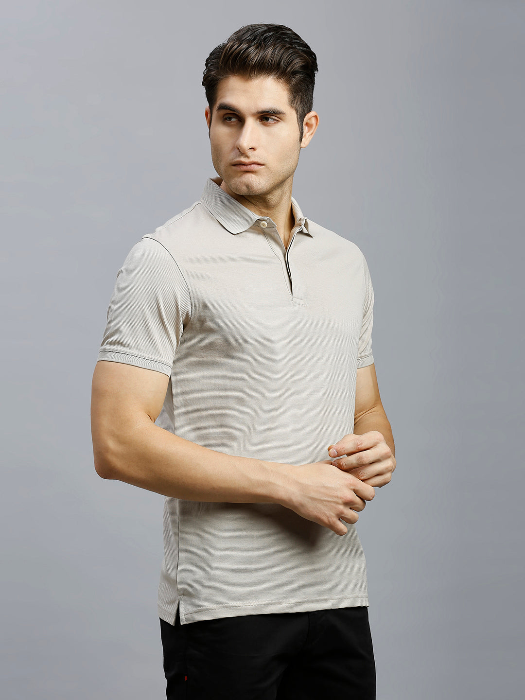 Cream Jacquard 100% Cotton Slim Fit Casual Half Sleeve T-Shirts