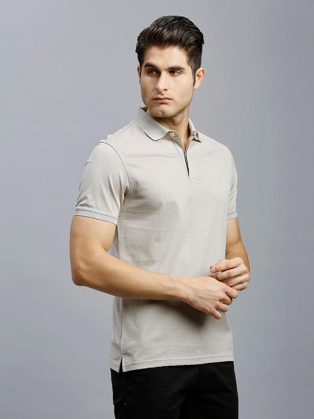 Cream Jacquard 100% Cotton Slim Fit Casual Half Sleeve T-Shirts