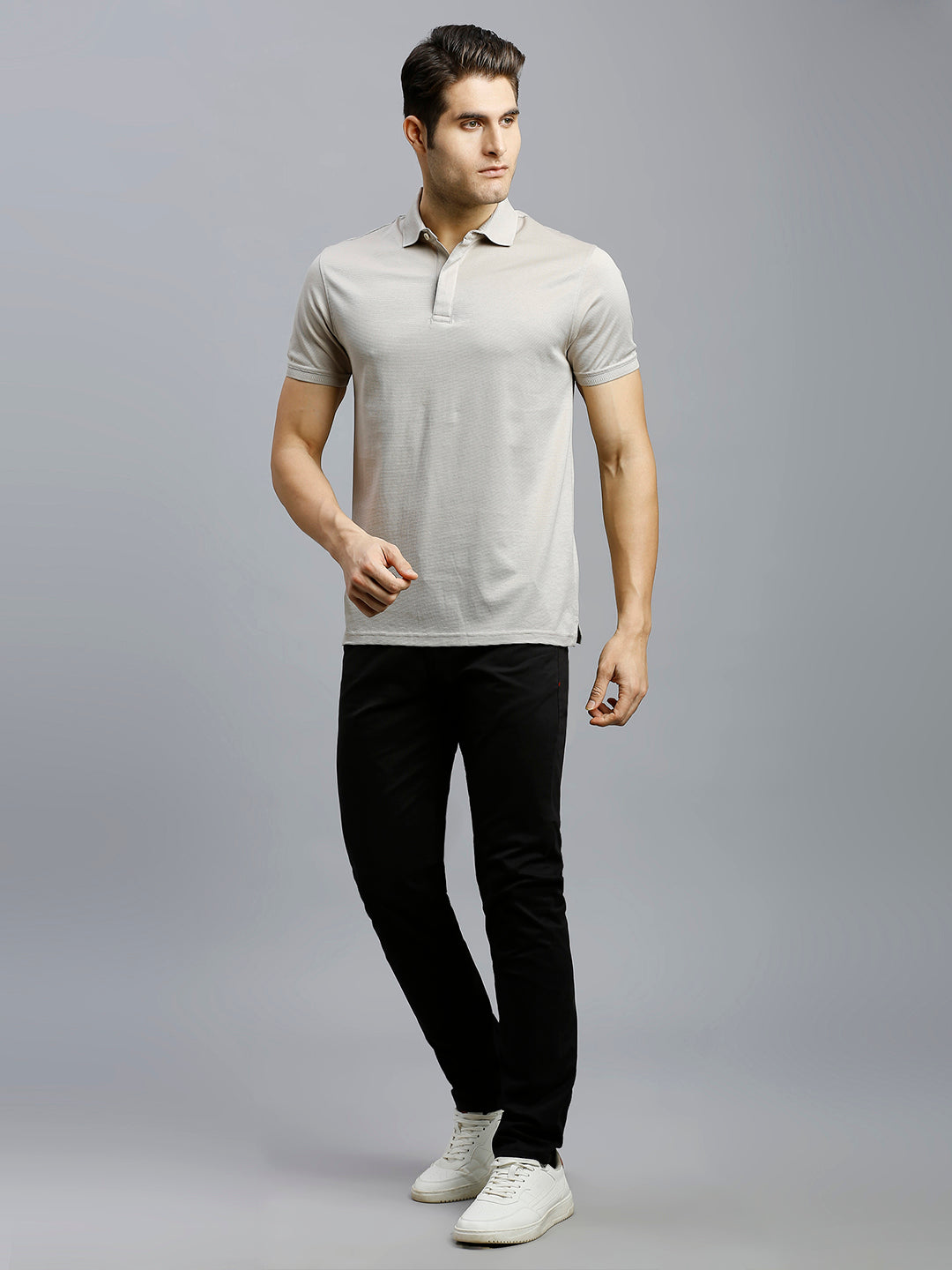 Cream Jacquard 100% Cotton Slim Fit Casual Half Sleeve T-Shirts