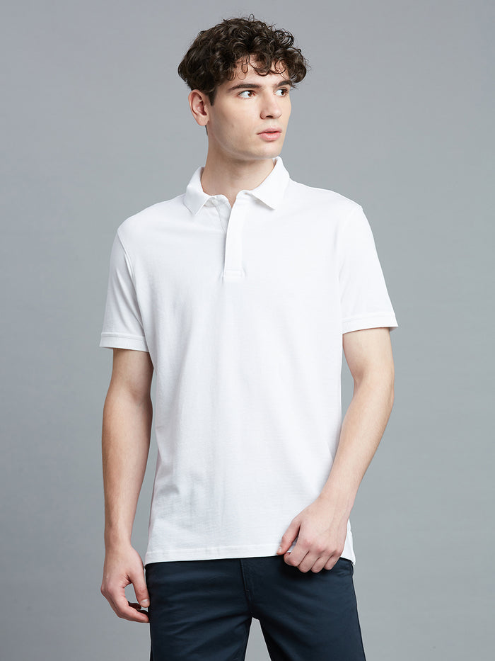 Chic White Jacquard 100% Cotton Slim Fit Casual Half Sleeve T-Shirt