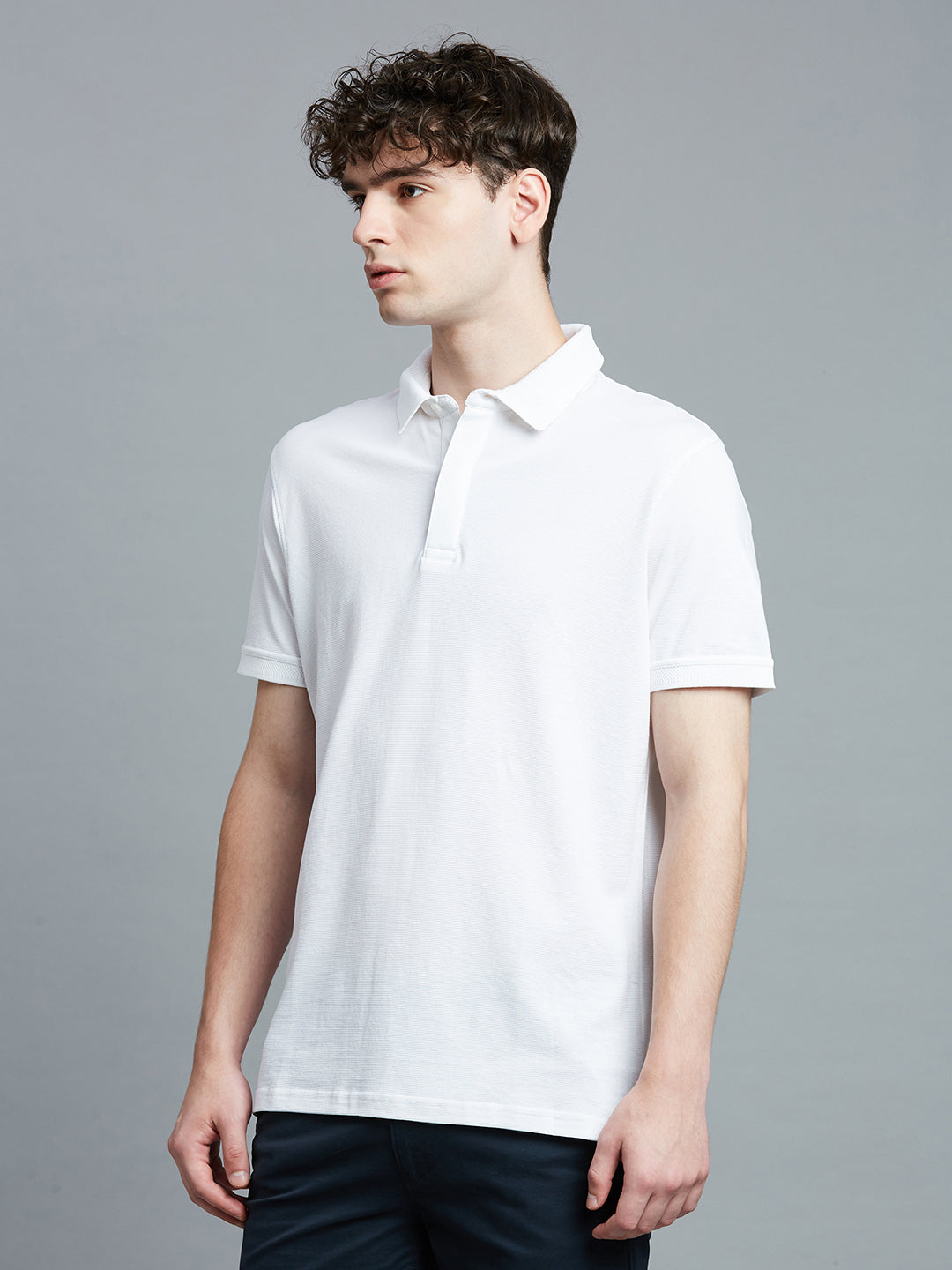 Chic White Jacquard 100% Cotton Slim Fit Casual Half Sleeve T-Shirt