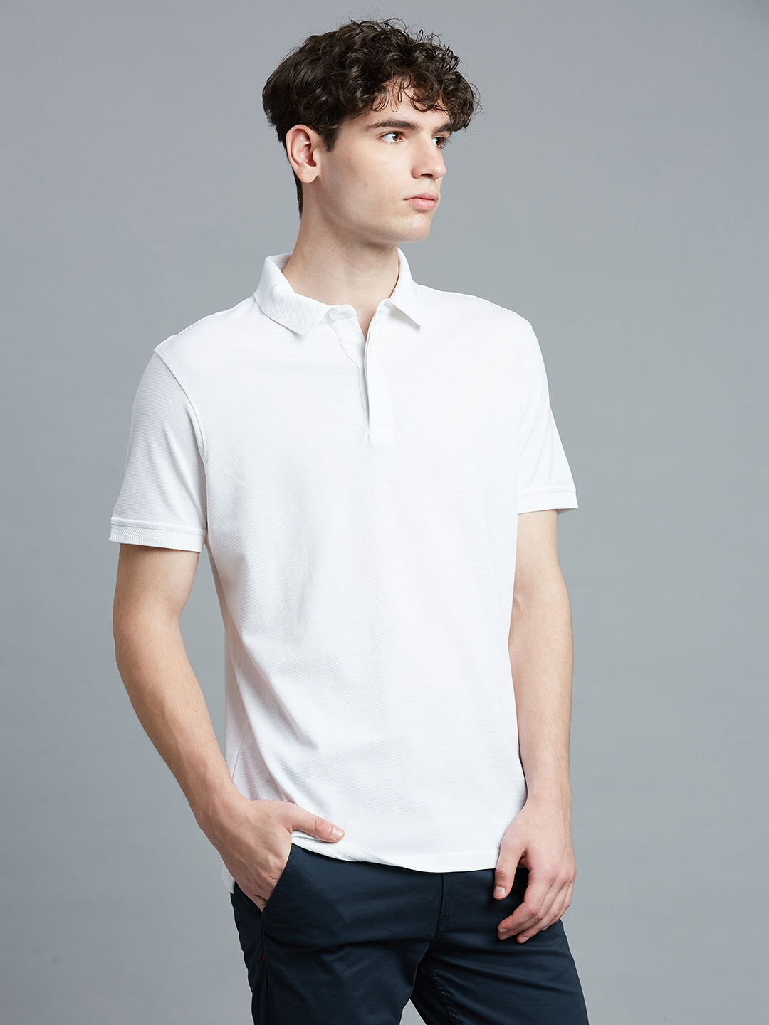 Chic White Jacquard 100% Cotton Slim Fit Casual Half Sleeve T-Shirt