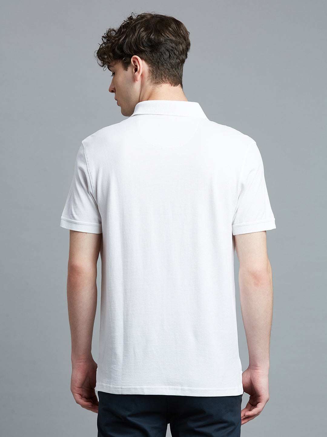 Chic White Jacquard 100% Cotton Slim Fit Casual Half Sleeve T-Shirt