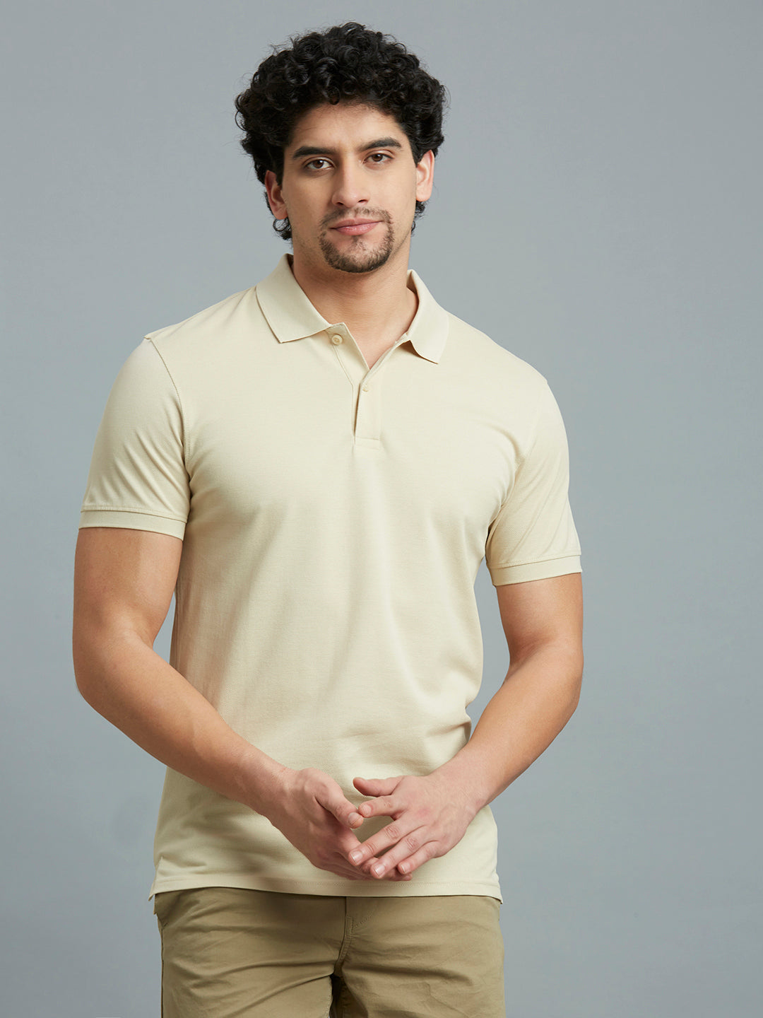 Beige Pq 100% Cotton Slim Fit Casual Half Sleeve T-Shirt