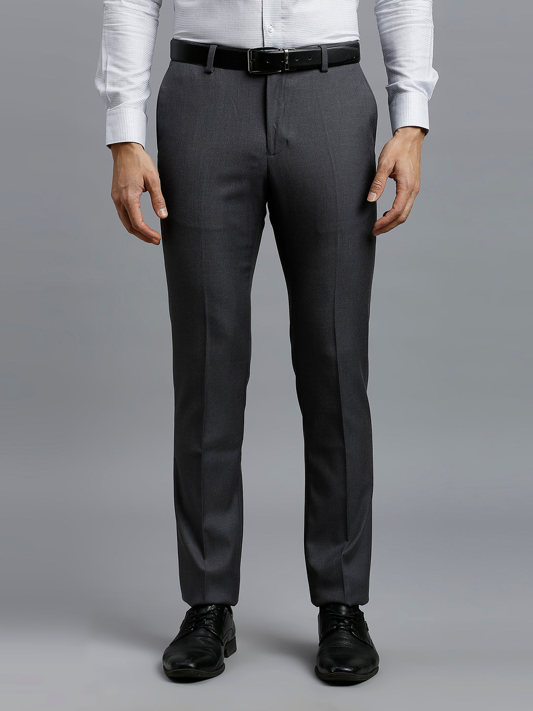 Mid Grey Plain Poly Viscose Elastane Tailor Fit Formal Cross Pocket Trousers