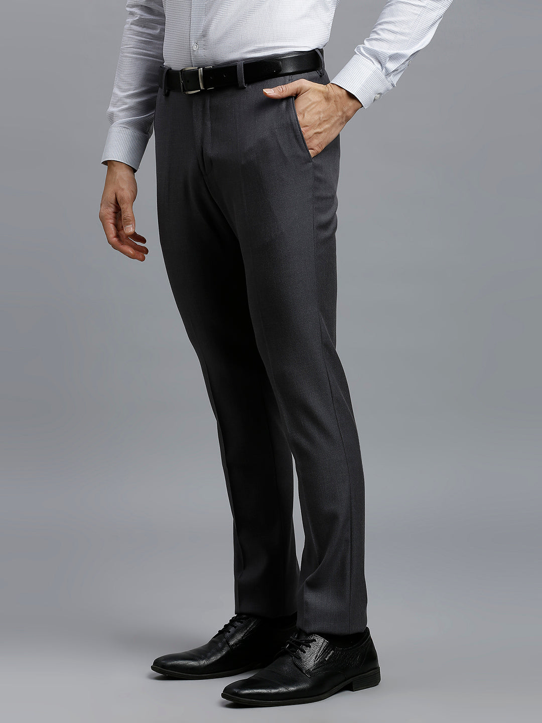 Mid Grey Plain Poly Viscose Elastane Tailor Fit Formal Cross Pocket Trousers