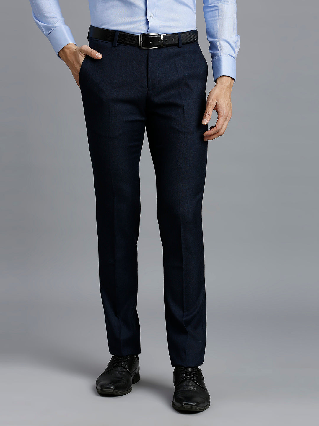 Navy Plain Poly Viscose Elastane Tailor Fit Formal Cross Pocket Trousers