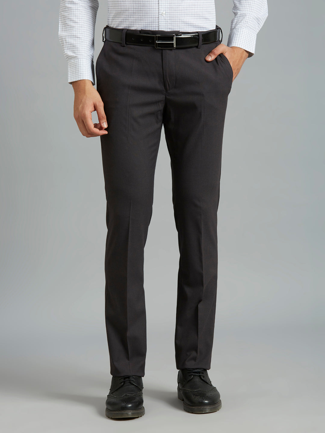 Best Black Checks Poly Viscose Elastane Auto Fit Formal Cross Pocket Trouser