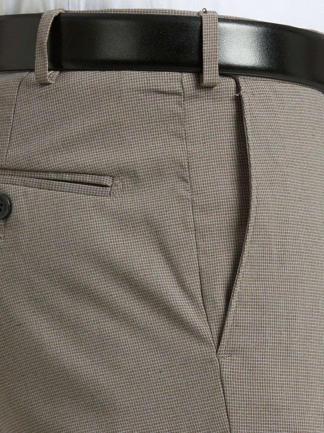 Grey Checks Poly Viscose Elastane Auto Fit Formal Cross Pocket Trousers