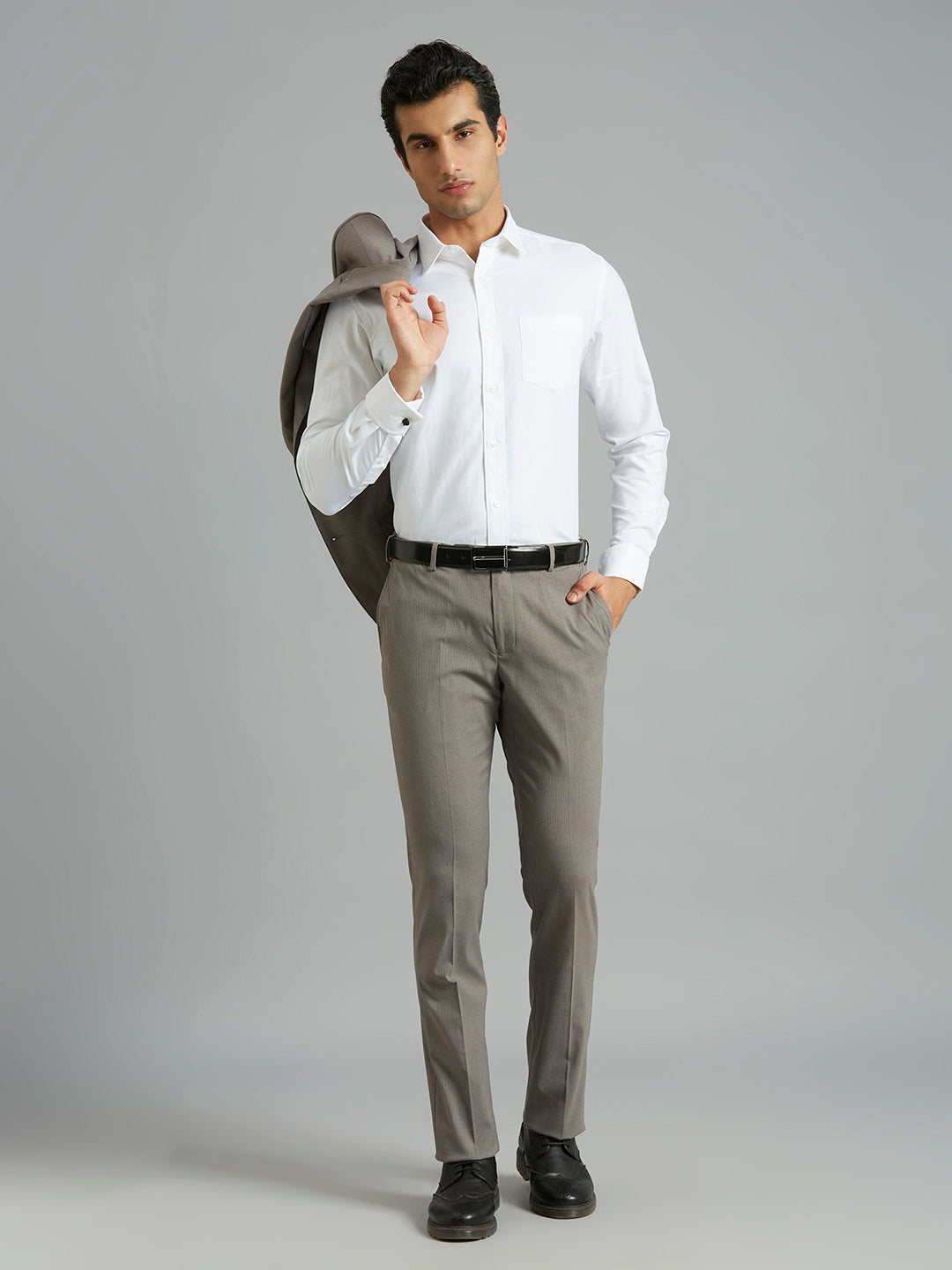 Grey Checks Poly Viscose Elastane Auto Fit Formal Cross Pocket Trousers