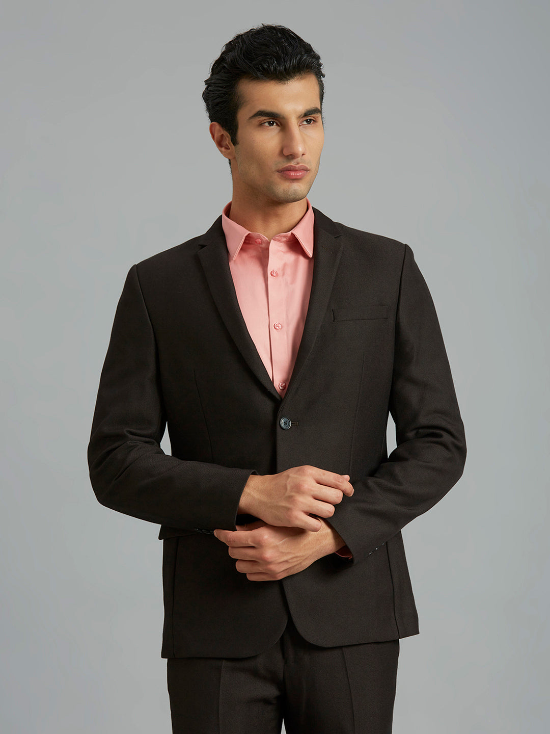 Superior Black Dobby Y/D Poly Viscose Elastane Tailor Fit Formal Full Sleeve Blazers