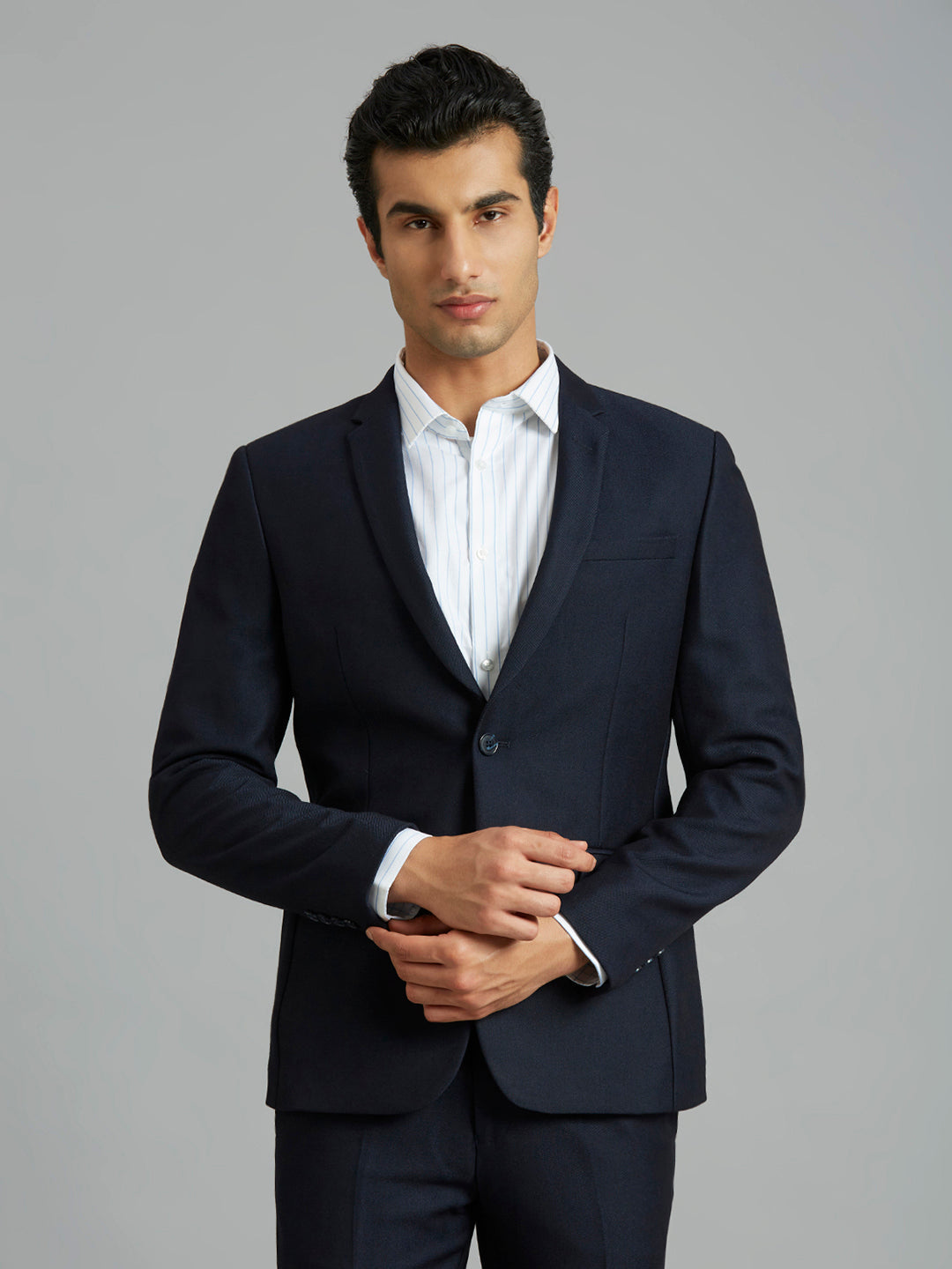 Navy Dobby Y/D Poly Viscose Elastane Tailor Fit Formal Full Sleeve Blazers